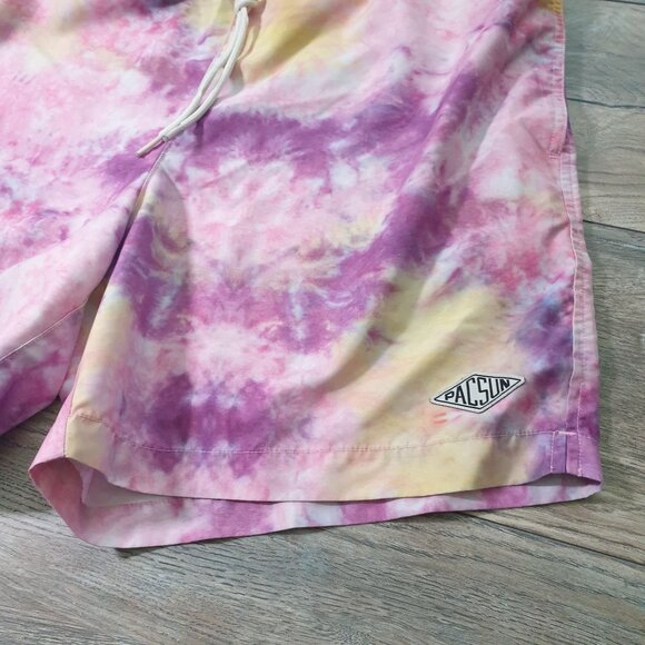PacSun Mens L Tie Dye Swim Shorts Pink Purple Yellow 36 In Waist Drawstring - Picture 2 of 4